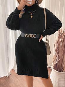 SHEIN Clasi Vestido de suéter de cuello alto de manga larga con textura talla grande