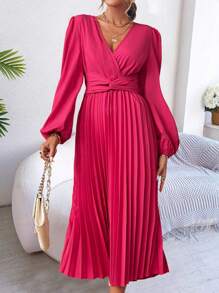 SHEIN Clasi Vestido de manga larga con cuello en V sólido, con pliegues de torsión, informal para uso diario, para mujer - Rosa Fucsia - Ver 5