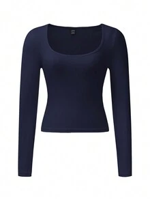 Chiquease Women's Solid Color Long Sleeve Casual T-Shirt Fall Cloth For Women - Navy Blue - View 4