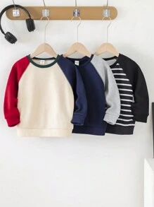 SHEIN Leap Crew 3pcs Young Boy Casual Sports Sets,Patchwork Contrast Color Raglan Sleeve Sweatshirt,Autumn,School,Back-To-School,Comfortable Wide Collar Daily Wear - Multicolor - View 6
