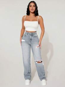 SHEIN PETITE Front-Button Multi-Pocket Ripped Denim Jeans, Casual Everyday Wear - Grey - View 3