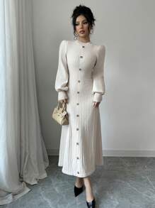 Elenzga Elegant Apricot Lantern Sleeve Waisted Long Sweater Dress, Spring/Autumn - Apricot - View 4