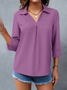 SHEIN LUNE Blusa casual, elegante y de color liso con cuello en V y manga larga para mujer - Morado - Ver 6