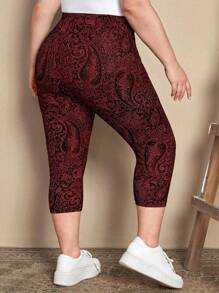 EMERY ROSE Plus Size Casual Paisley Print Leggings Summer Dress Outfits For Women Spring Clothing Outfit Beach Vacation Holiday Country Style - Burgundy - View 3