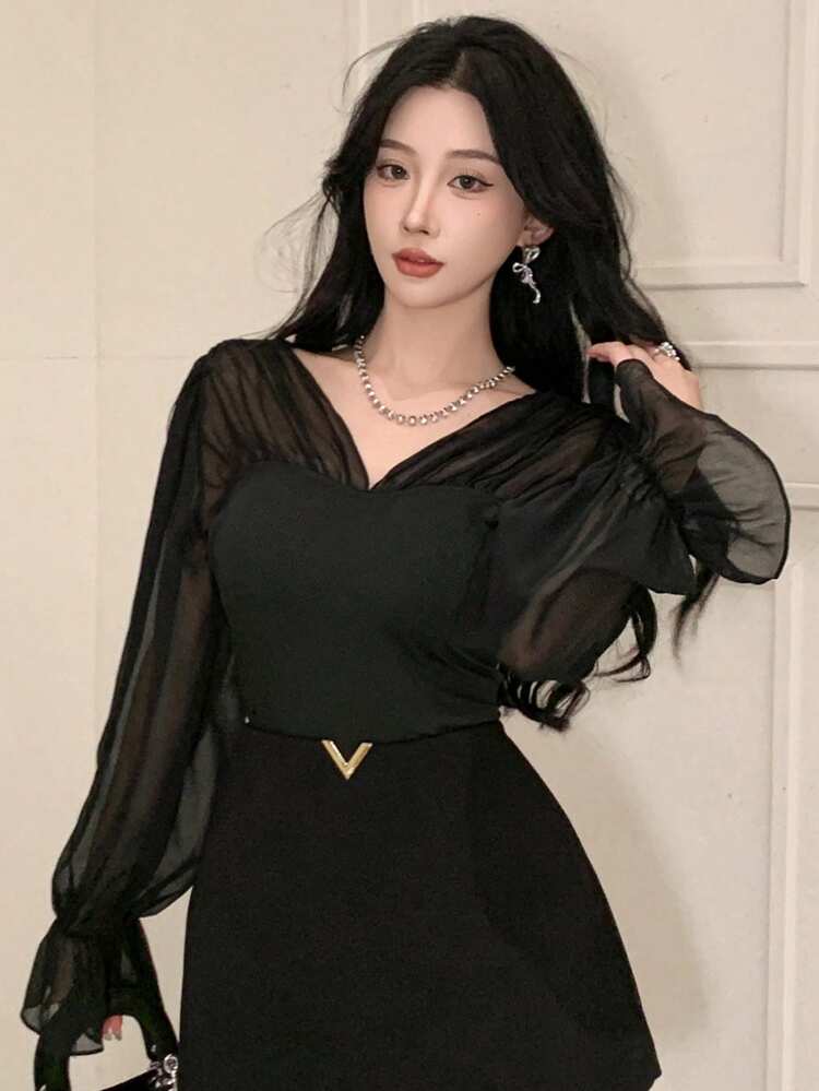 Women V-Neck Patchwork Puff Sleeve Blouse,Long Sleeve Tops,Ruffle Sheer,Fall Clothes