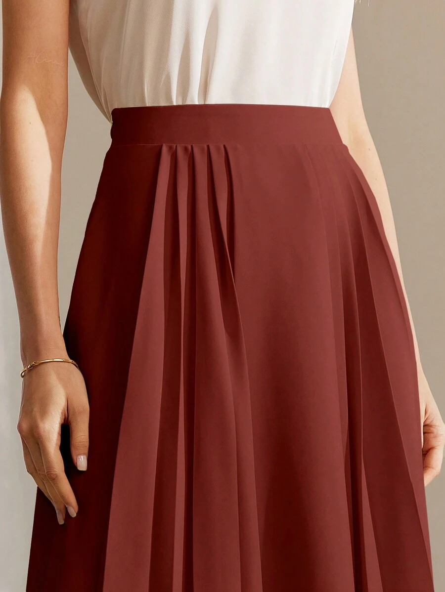 MOTF PREMIUM ELASTIC WAIST PLEATED A LINE LONG SKIRT - Rust Brown - View 2