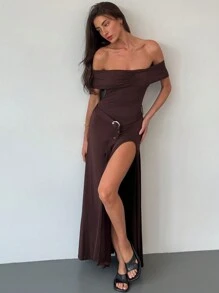 Aloruh Y2K Stylish Off Shoulder High Slit Fishtail Hem Maxi Brown Dress For Women - Brown - View 8