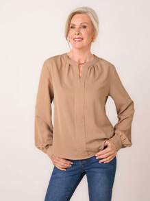 SHEIN LUNE 女士休闲纯色锁眼领长袖简约衬衫 - 卡其色 - 查看 6