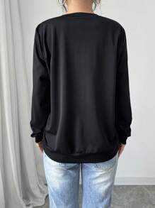 Chiquease 女士休闲圆领玫瑰 3D 花卉珍珠钻石缀饰长袖运动衫 - 黑色 - 查看 2