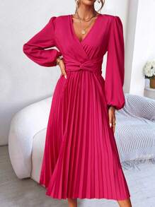 SHEIN Clasi Vestido de manga larga con cuello en V sólido, con pliegues de torsión, informal para uso diario, para mujer - Rosa Fucsia - Ver 4