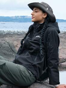 In My Nature 女士简约字母印花前拉链长袖连帽户外夹克冬季女式上衣 - 黑色 - 查看 9