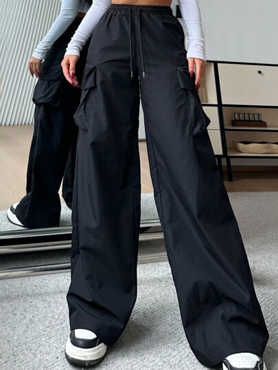 SHEIN EZwear Pantalones cargo de mujer informales de color negro sólido, de tejido con cintura alta y pernera ancha