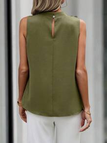 SHEIN Clasi 纯色无领无袖简约休闲衬衫 - 軍綠色 - 查看 2