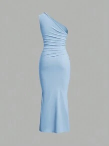 SHEIN EZwear Đầm đuôi cá nhún bèo vai bất đối xứng màu tối giản màu xanh nhạt - Màu xanh lam - Xem 2