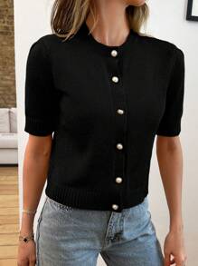 EURMUSE Gold Button Short Sleeve Elegant Cardigan - Black - View 3