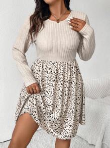 SHEIN Frenchy 大码女式碎花拼布圆领长袖休闲连衣裙，秋季，针织连衣裙，杏色连衣裙，度假连衣裙 - 卡其色 - 查看 5