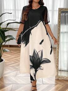 EMERY ROSE Plus Floral Print Contrast Lace Dress - Multicolor - View 2