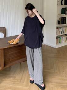 DAZY 2 Stücke Damen Sommer einfarbiges Set aus Rundhals Lässig Top und weiter Hose, Homewear Set Pyjama - marineblau - Übersicht 6