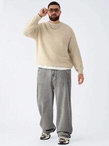 Manfinity VCAY Men's Plus Size Solid Color Plain Casual Crew Neck Long Sleeve Pullover Simple Sweater, Suitable For Autumn And Winter, For Going Out - Apricot - View 5