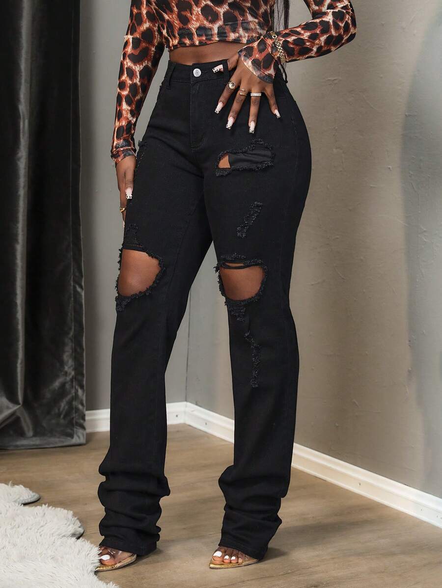 SHEIN Slayr Pantalones vaqueros ceñidos y rotos de cintura media para mujer - Negro - Ver 1