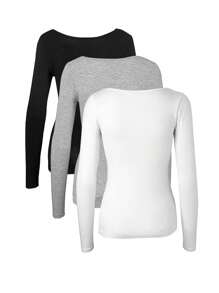 INAWLY Women's Solid Color Crew Neck Long Sleeve Casual T-Shirt For Spring And Summer
