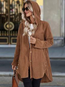 SHEIN LUNE Women's Textured Striped Long Sleeve Hooded Regular Jacket, Fall & Winter - Coffee Brown - View 5