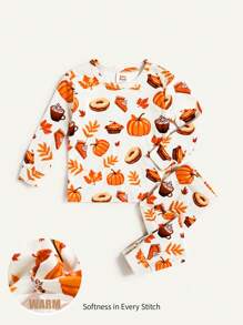 Cozy Pixies Baby Girl Pumpkin Print Snug Fit Pajama Set, Soft Knit Warm Long Sleeve Top And Pants, Autumn - Orange - View 1
