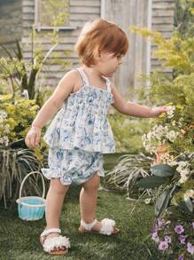 Baby Girls' Beach Holiday Style Floral Printed Shirred Cami Tank Top And Triangle Briefs Set For Summer