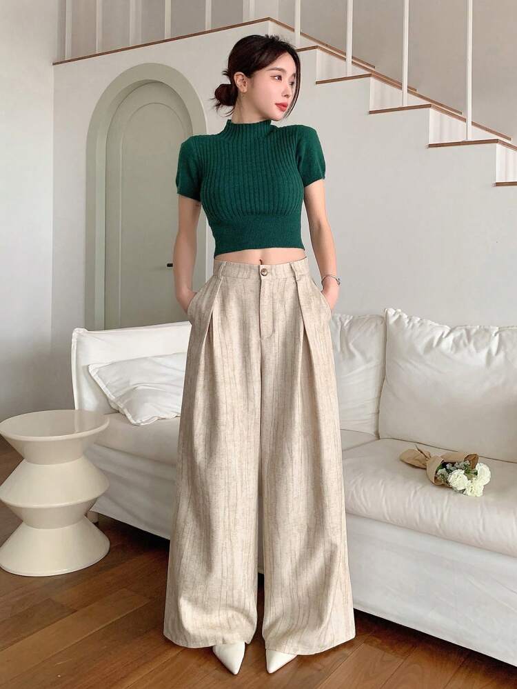 Pantalones rectos plisados de pierna ancha casuales para mujer, ropa de vuelta al colegio