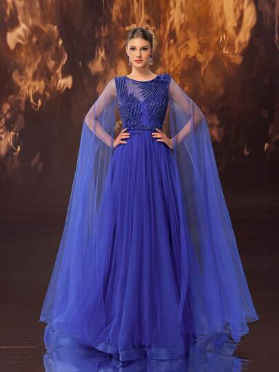 Giffniseti Women's Formal Evening Gown, High-End Luxurious Net Rhinestone Embellished Round Neck Extra Long Sleeve Party Dress, Elegant Prom Dress, For Wedding Guest, Graduation, Dinner