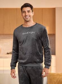 Snug Zone 男士圆领长袖字母刺绣简约休闲睡衣套装（上衣和裤子），舒适优雅细节，秋冬服装，蓬松柔软 - 深灰色 - 查看 5