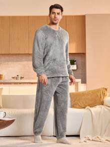 Manfinity Underwear&Sleepwear Basics Conjunto de pijama de polar de unicolor, con top de manga larga y pantalones para hombre, otoño/invierno