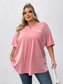 SHEIN CURVE+ 大码花卉印花 T 恤，休闲宽松圆领短袖 T 恤 - 粉色 - 查看 6