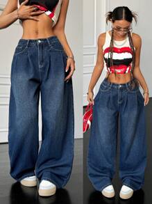 SHEIN ICON Women's Relaxed Fit Pleated Wide Leg Jeans, Blue, Y2k Clothes Women - Dark Wash - View 1