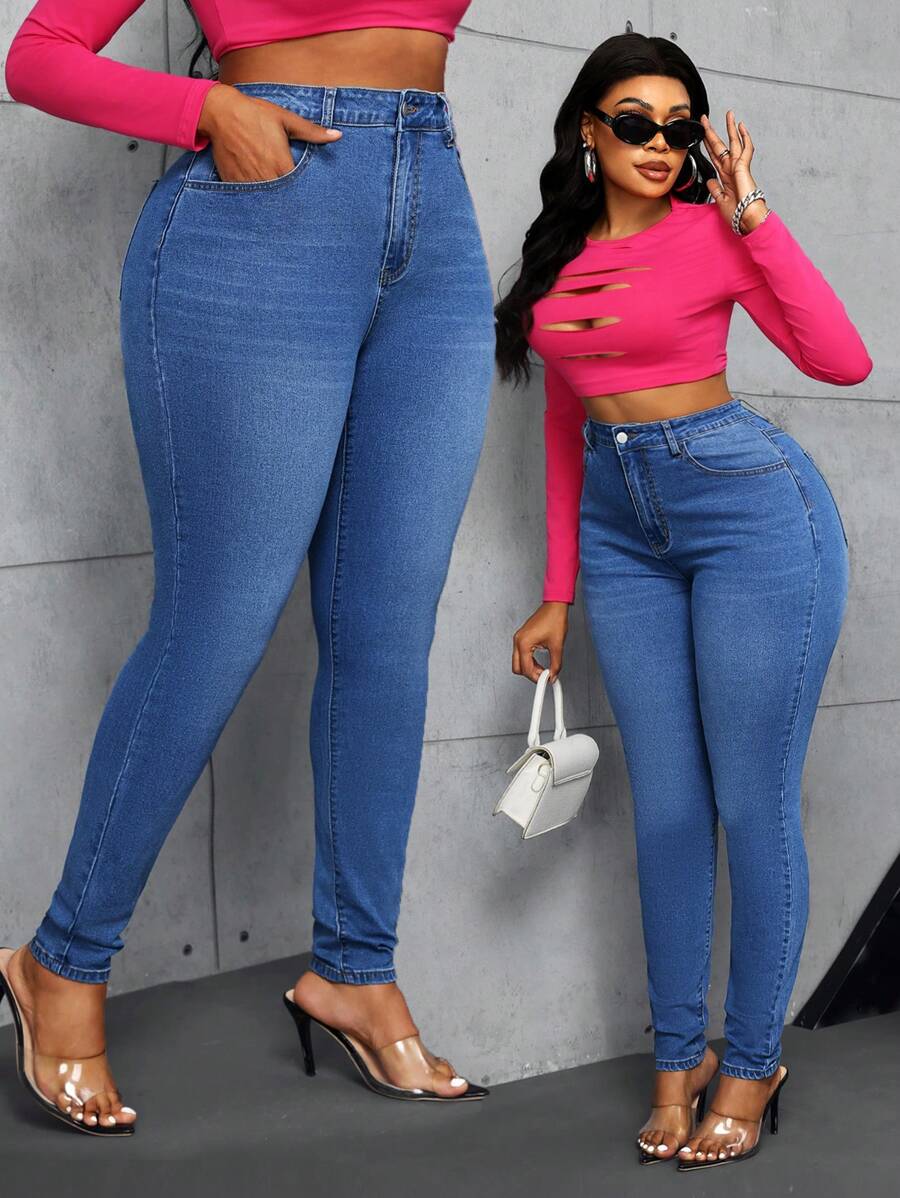 SHEIN SXY 大码弹力牛仔紧身裤 - 藍色 - 查看 1