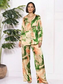 Women's Elegant Long Sleeve Lapel Single-Breasted Shirt Top With Elastic Waist Pocket Straight-Leg Pants Fashionable Casual Printed Holiday 2pcs Outfit - Green - View 3