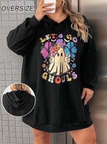 SHEIN CURVE+ Plus Size Cute Pattern Printed Black Hoodie Dress For Halloween - Black - View 1