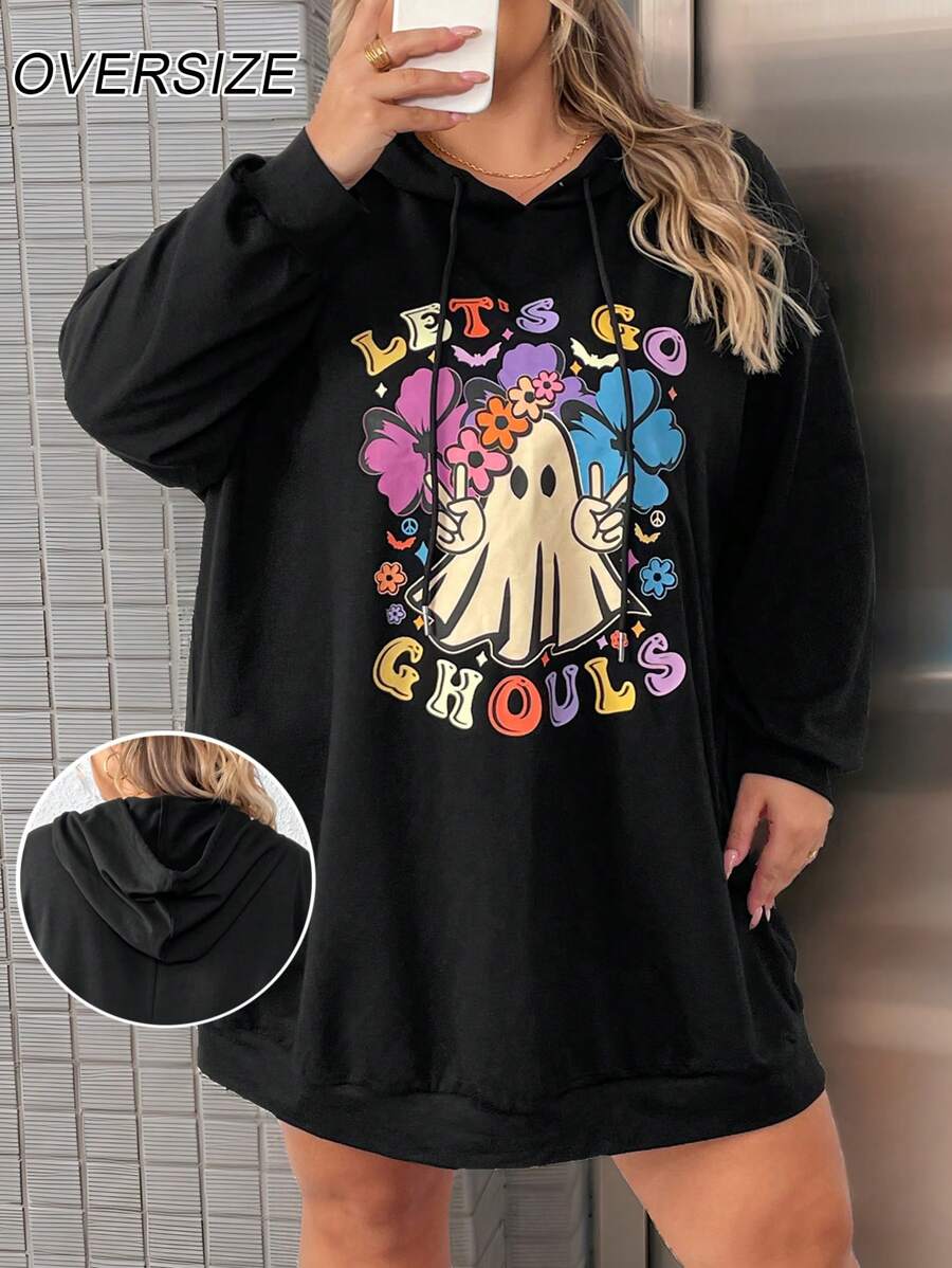 SHEIN CURVE+ Plus Size Cute Pattern Printed Black Hoodie Dress For Halloween - Black - View 1