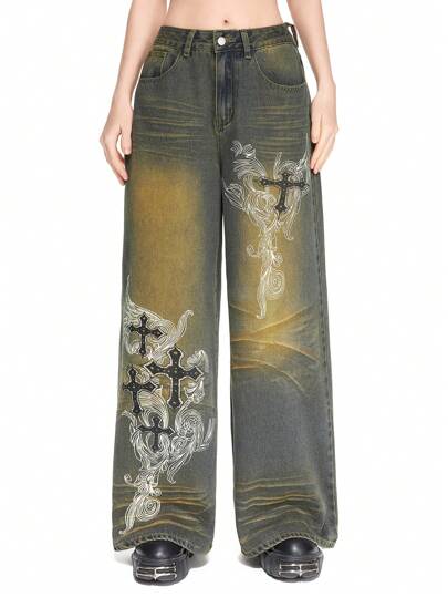 Grunge Punk Jeans casual donna a gamba ampia con stampa a croce e tasche, vestibilità morbida