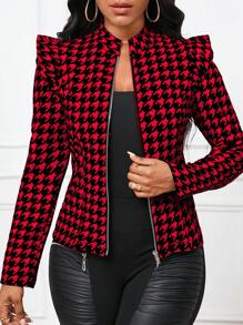 SHEIN Lady Women's Classic Houndstooth Print Stand Collar Zipper Front Ruffle Trim Regular Jacket - Burgundy - View 4