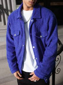 Manfinity Homme Herren Jacke mit einfarbigem Front-Knopf und Tasche, schlichte Lässig Jacke, Ausgeh-Thermojacke mit langen Ärmeln, für Schule, Freunde, Ehemann, Freund als Geschenk