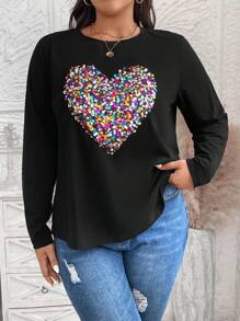 EMERY ROSE Plus Size Casual T-Shirt With Sequin Heart Decor, Spring & Autumn Winter Clothes - Black - View 5