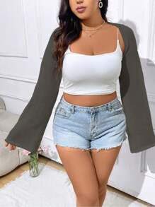 Flirla Women Plus Size Plain Flared Sleeve Cropped Cardigan , Bolero Top