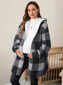 SHEIN Maternity Buffalo Plaid Pattern Drop Shoulder Hooded Teddy, Hooded Teddy Coat, For Winter - Black and White - View 5