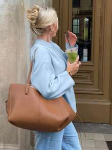 INAWLY Áo len nữ màu trơn cổ tròn, vai rớt, tay dài, dáng rộng, thích hợp mặc mùa thu/đông, áo len chui đầu mùa thu. - Màu xanh lam - Xem 4