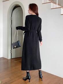 DAZY Women's V-Neck Wrap Fitted Long Sleeve Patchwork Sweater Dress, Autumn/Winter