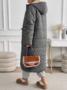 SHEIN LUNE Women's Front Zipper Long Sleeve Pockets Minimalist Long Hooded Casual Padded Padded Coat Clothes Winter - Army Green - View 2