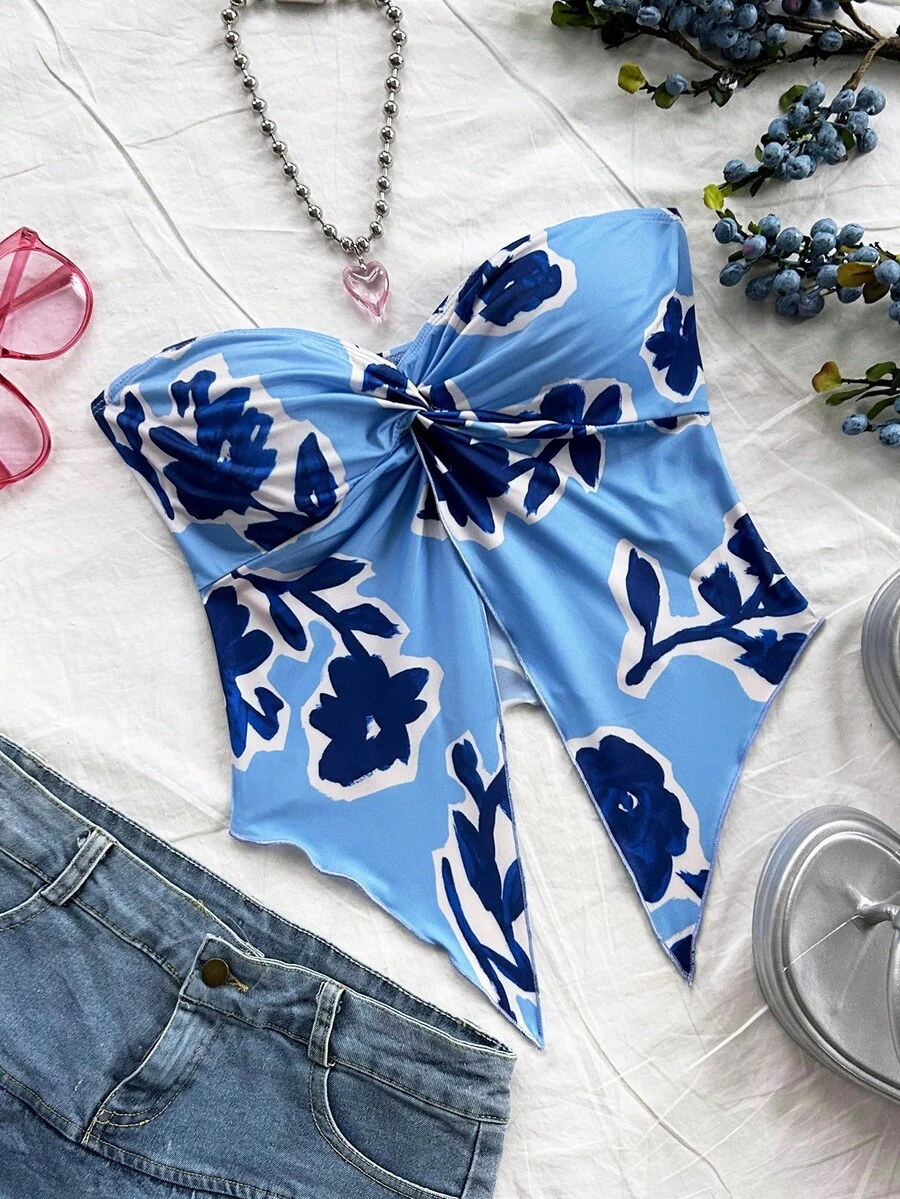 Soleia 女士蓝色系列抽象花卉印花吊带前开衩下摆真丝混纺背心，度假装 - 藍色 - 查看 1