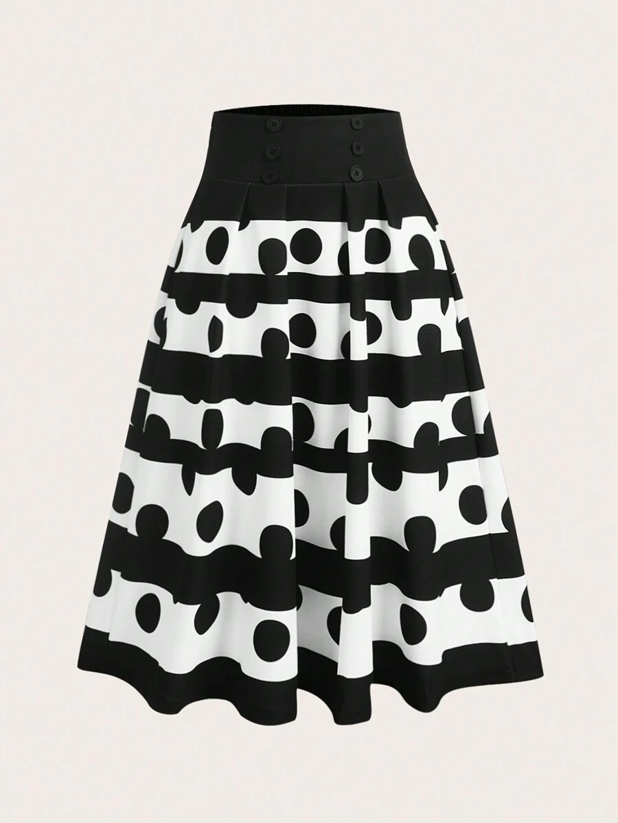 SHEIN Clasi Gonna a ruota elegante a pois bianca e nera per donne - Bianco e nero - Visualizzare 1