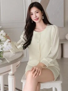 DAZY 2 piezas Conjunto informal de mujer para primavera y otoño de unicolor, con parte superior de manga larga y cuello redondo con un solo abotonamiento y falda midi